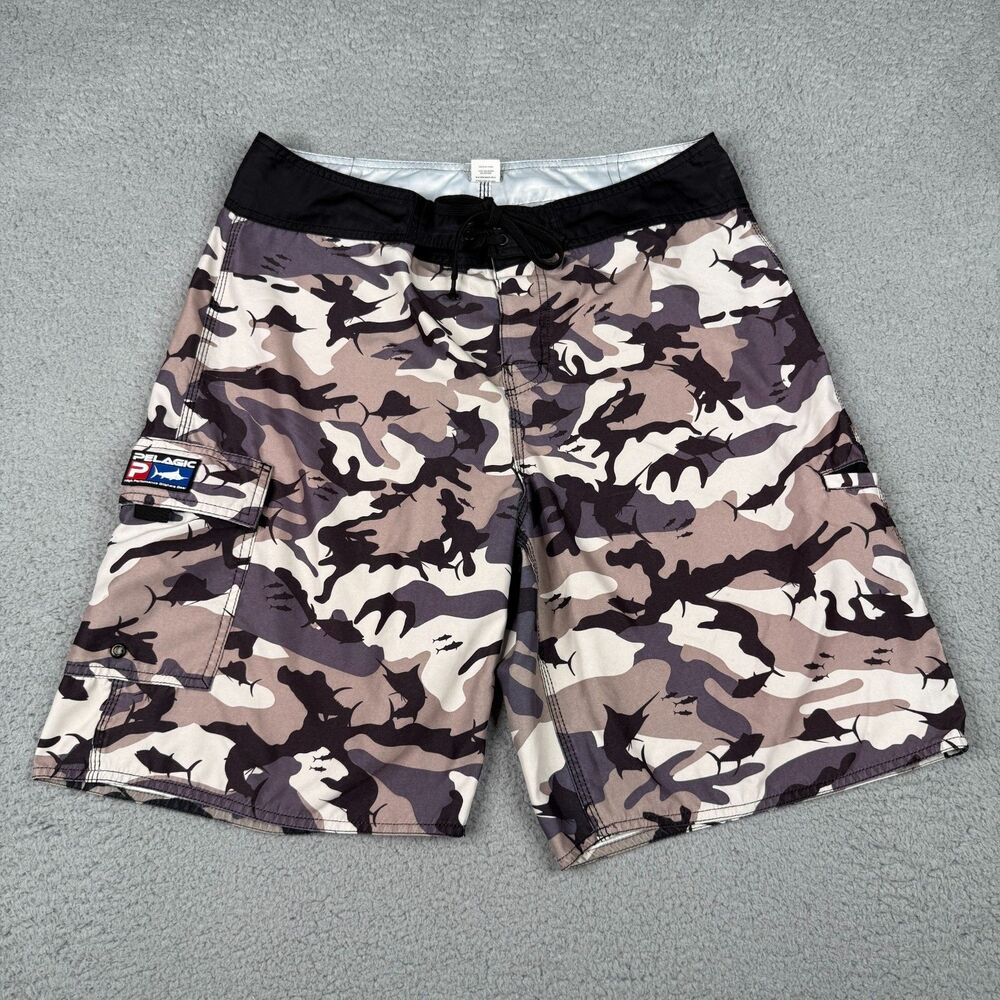Pelagic Board Shorts Men 34 Gray Fish Camo Fishing 9" Swim Trunk Cargo Quick Dry
